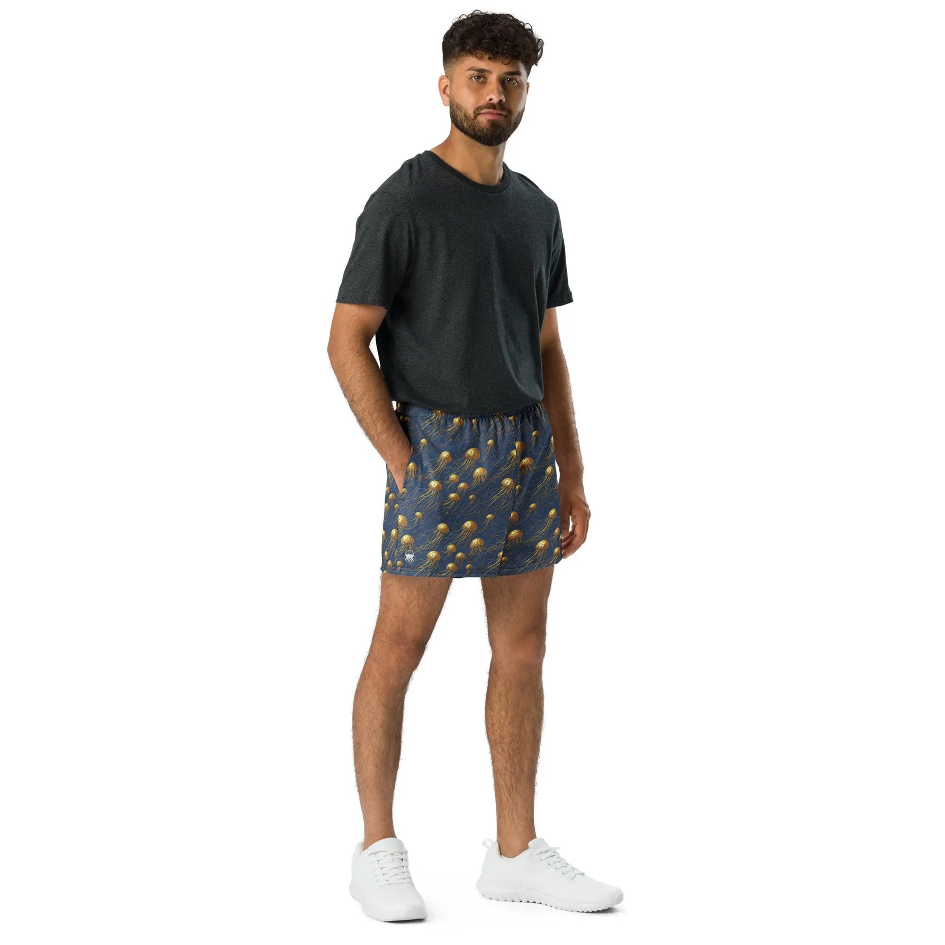 Unisex Athletic Shorts - Blue and Gold Jellyfishes - by Jelly Kvlt