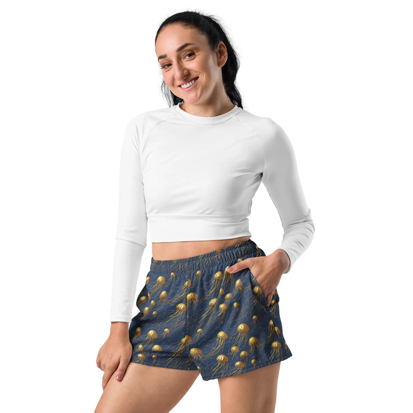 Unisex Athletic Shorts - Blue and Gold Jellyfishes - by Jelly Kvlt