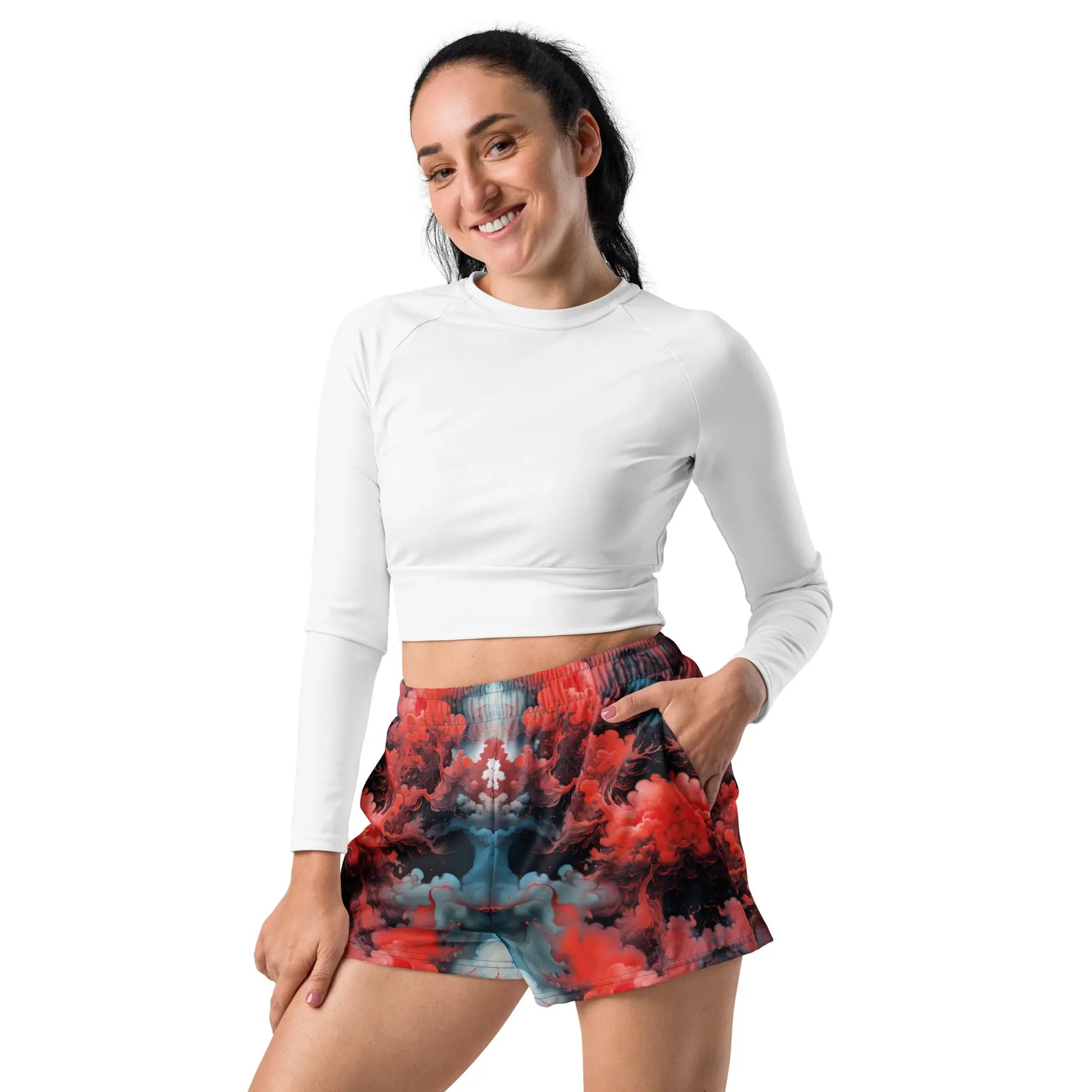 Unisex Athletic Shorts - Ethereal Crimson Flow - Dark - by Jelly Kvlt