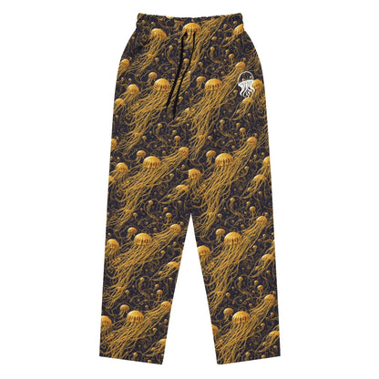 Unisex Wide-leg Joggers - Black and Gold Jellyfishes - by Jelly Kvlt