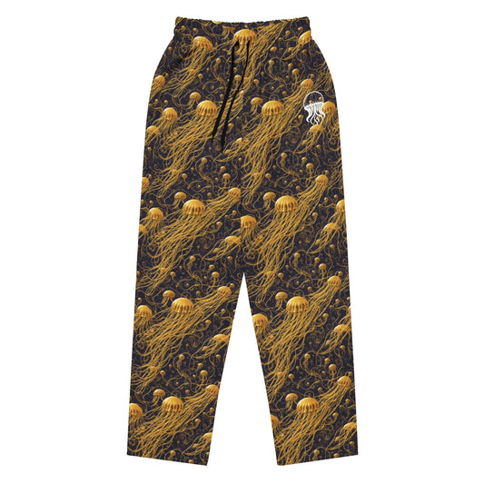 Unisex Wide-leg Joggers - Black and Gold Jellyfishes - by Jelly Kvlt