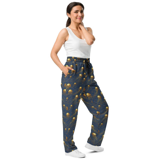 Unisex Wide-leg Joggers - Blue and Gold Jellyfishes - by Jelly Kvlt