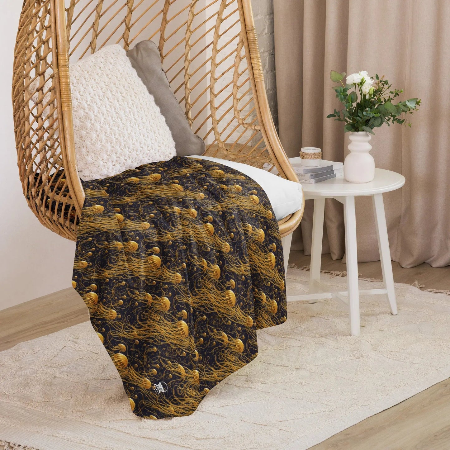 Black and Gold Jellyfishes Warm Sherpa Blanket - by Jelly Kvlt